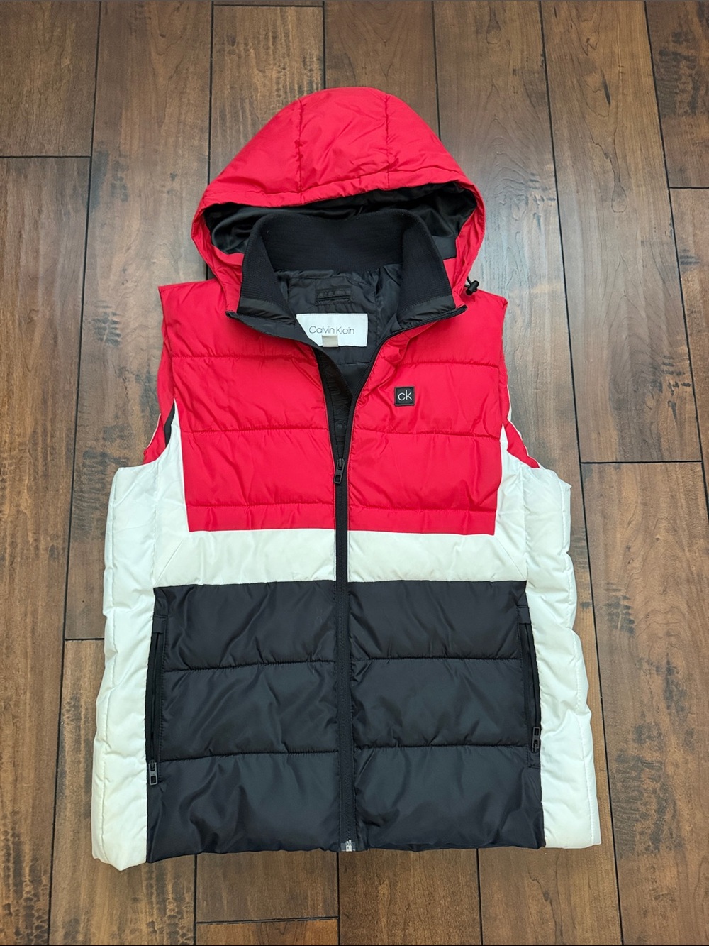 Men’s, Calvin Klein Red White Black Hooded Colorblock Puffer Vest